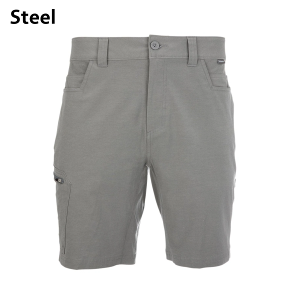 Water-resistant Simms Challenger shorts with UPF 50 sun protection.